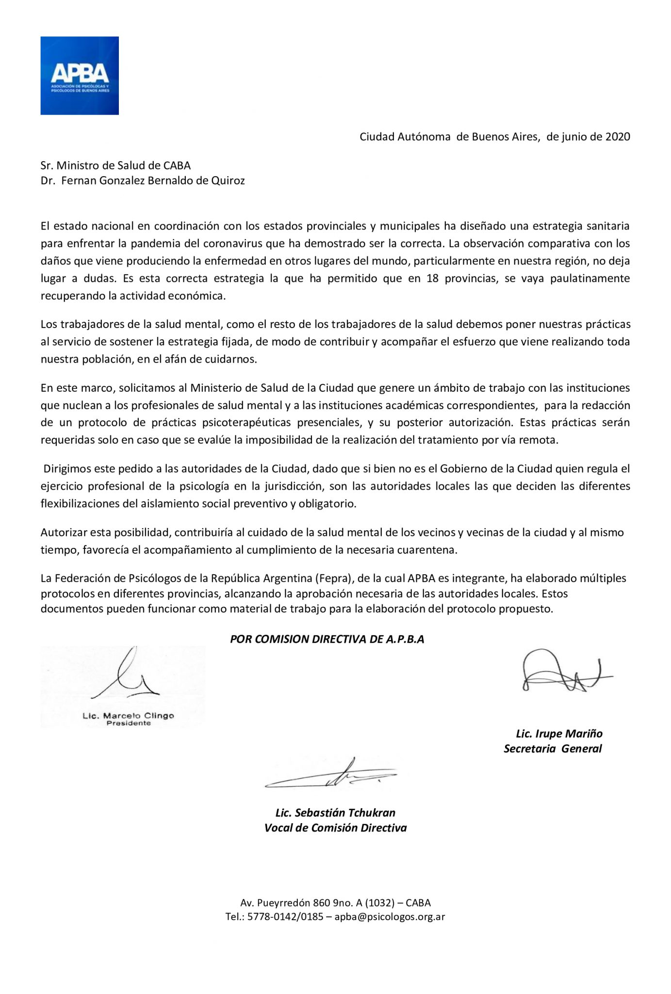 Solicitamos al Ministerio de Salud de la Ciudad la redacción de un protocolo de prácticas psicoterapéuticas presenciales